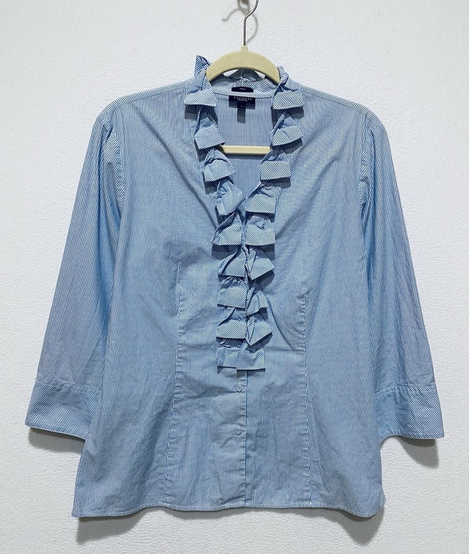 Talbots Top Womens 12 Blue Pinstripe Twist Bow Button Up Cottagecore Feminine