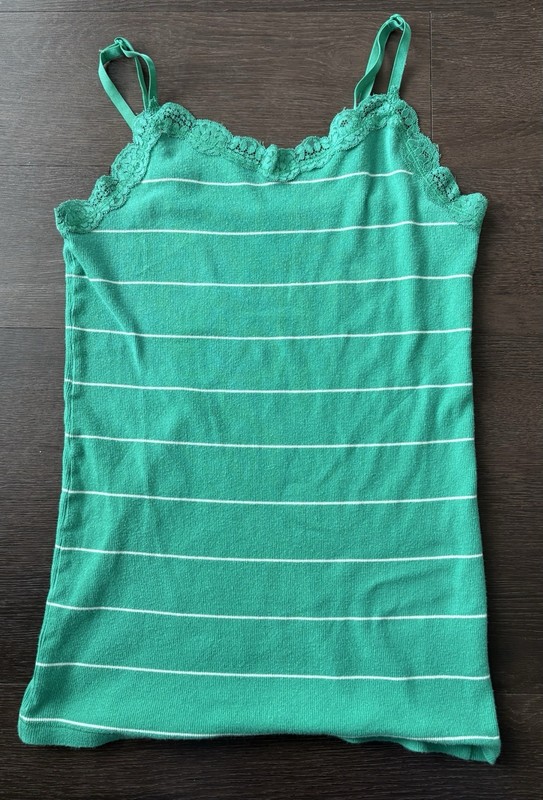 Faded Glory Green W/white Stripes Tank Top Lace Trim Lg (12-14)