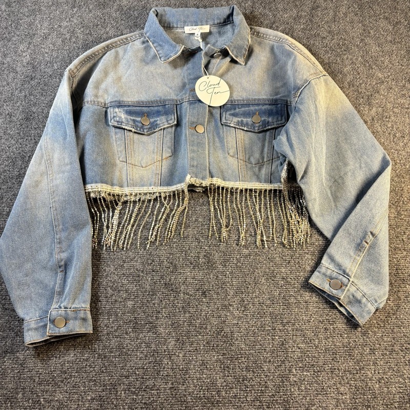 Cloud Ten Denim Jacket Womens M Blue Rhinestone Fringe Cropped NWT Festival Glam