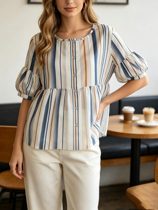 Short Puff Sleeve Crew Neck Button Shirt Light Breathable Cozy Daily Wear Blouse gallery