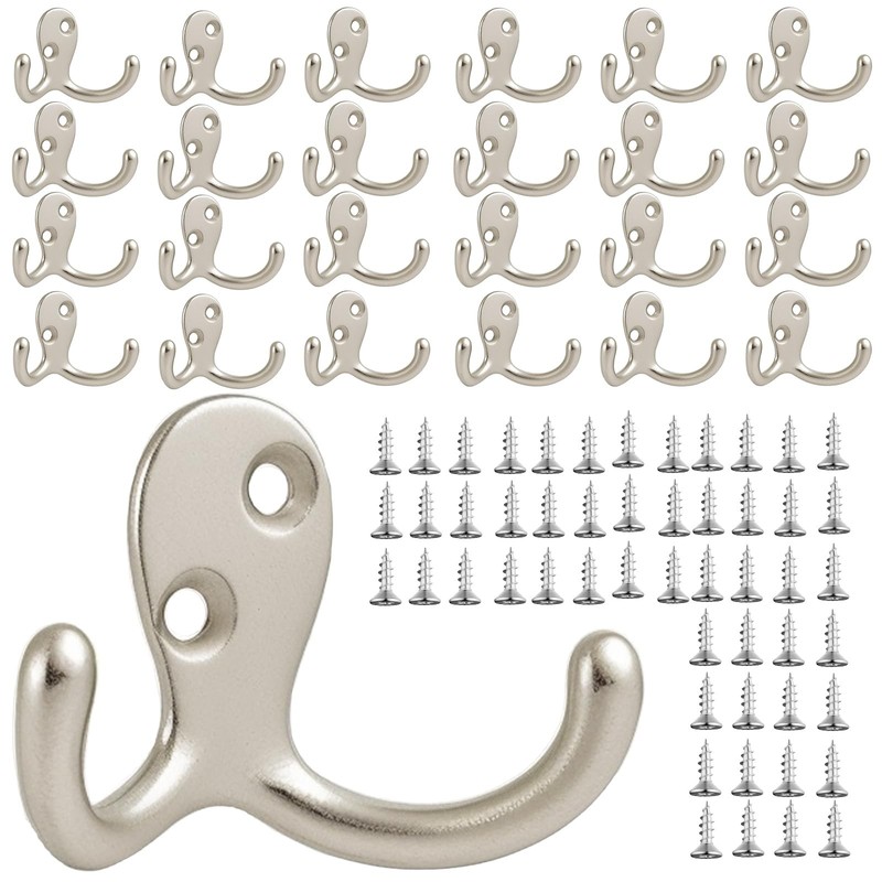 25 Pack Silver Double Prong Wall Mounted Coat Hooks for Hanging – Heavy Duty