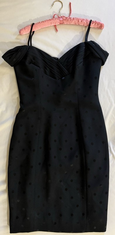 Vintage Black Polka Dot Satin Sheath Dress Sweetheart Pleated Zip Size 6