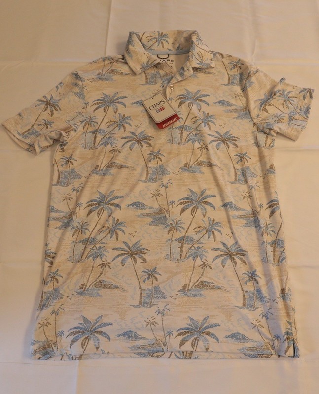 Chaps Everyday Performance Men’s Beige Palm Print Polo Shirt S Stretch NWT
