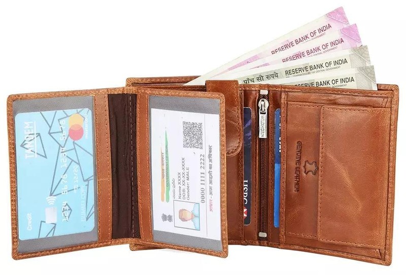 RFID Blocking Tan Crunch Genuine Leather Men's Bifold Wallet 2 Center Flap New gallery