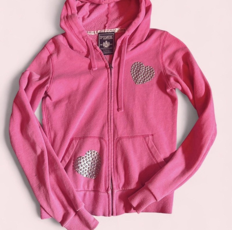 PINK Victoria’s Secret Pink Full Zip Hoodie Peace Heart Studded Pockets XS