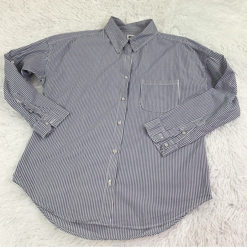NSF Navy and White Striped Button-Down Shirt roll tab sleeve women size S