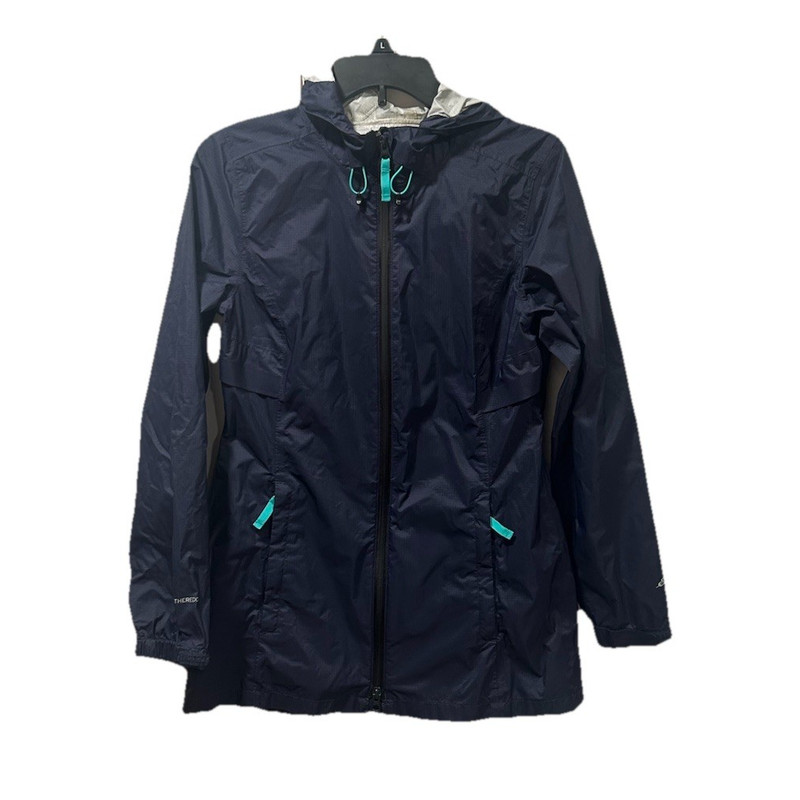 Eddie Bauer WeatherEdge Women’s Hooded Zip Mid-Length Rain Coat Navy S