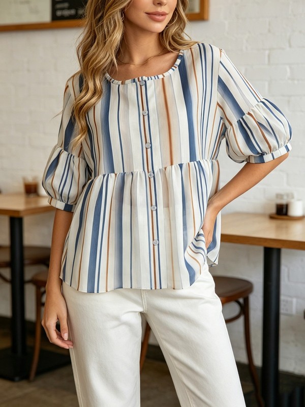 Short Puff Sleeve Crew Neck Button Shirt Light Breathable Cozy Daily Wear Blouse gallery