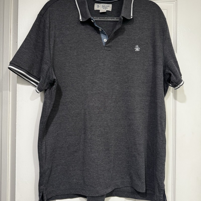 Original Penguin Men’s Gray Cotton Short Sleeve Polo XL Regular Fit Logo Trim