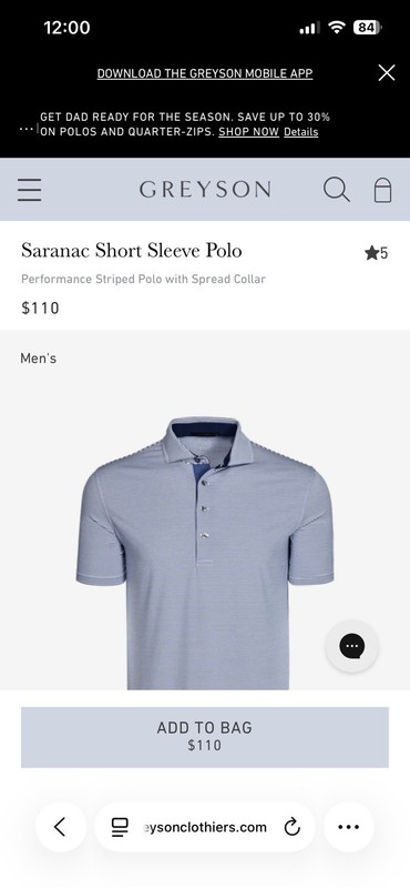 Greyson Saranac Men's Short Sleeve Polo Shirt, Size L, Canal Blue gallery