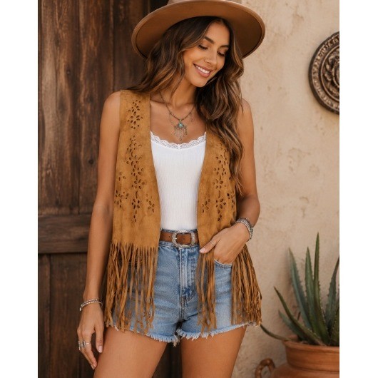 Mauve Womens Faux Suede Fringe Vest Camel Tan Laser Cut Eyelet Boho Western L