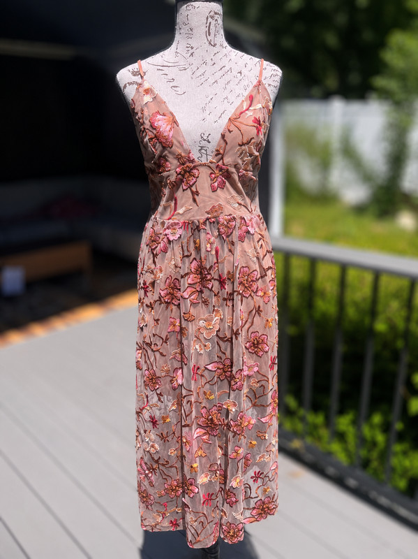 For Love & Lemons Botanic Midi Dress Beige Nude Floral Embroidered Lace Silk S M