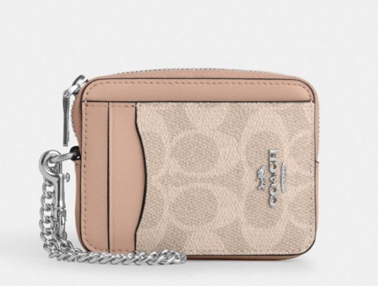 NWT COACH Zip Card Case In Signature Canvas Sand Taupe Brown CW883 $118