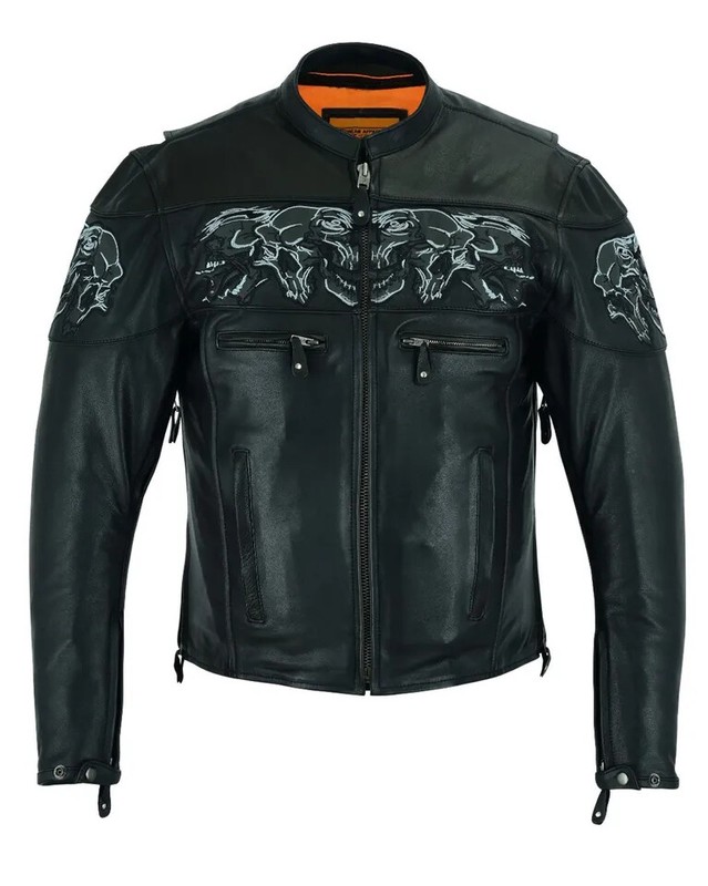 Premium Men’s Black Motorcycle Racer Jacket Reflective Skulls On Back & Front