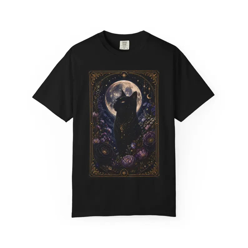 Black Cat Gothic Witchy Tarot Floral T-Shirt | Mystical Full Moon Celestial Flow