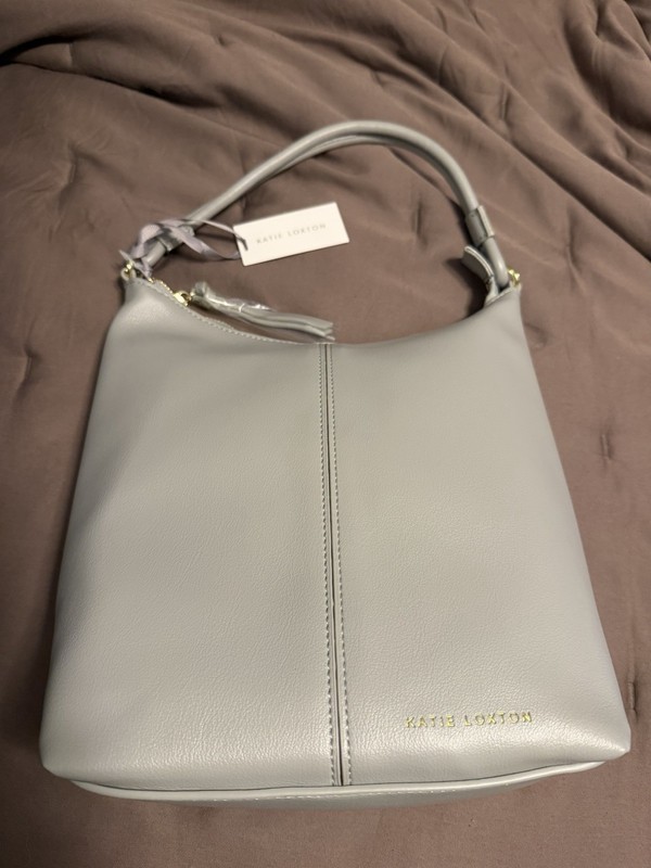 Katie Loxton Gray Pebbled Medium Shoulder Bag Gold Hardware Zip Detachable Strap