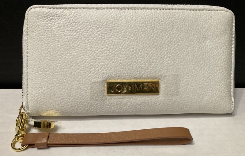 JOY & IMAN Zip WHITE LEATHER Wallet GOLD colored accents NEW in Bag