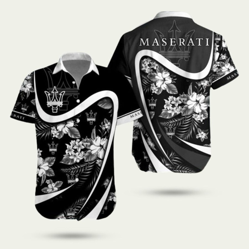 Hibiscus Flower Racing Car Maserati Logo Hawaiian Shirt