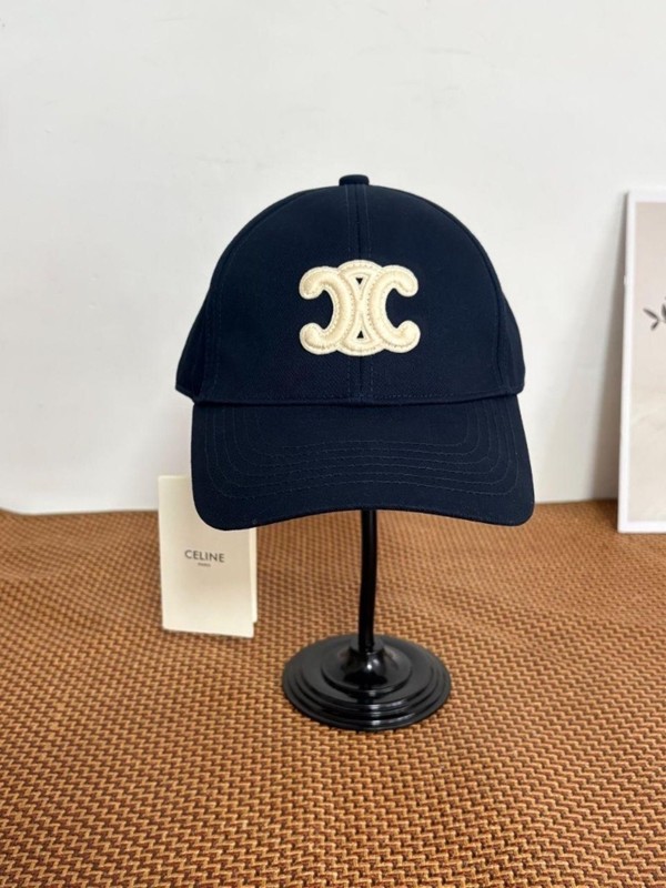 Celine. Triomphe Navy Cotton Baseball Cap with White Logo Embroidery, Adjustable