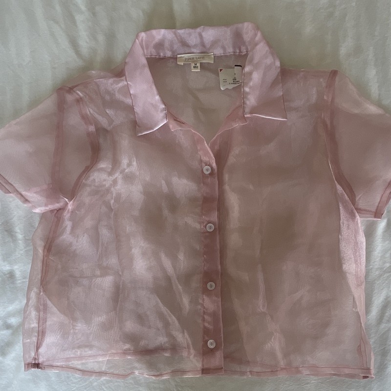 Piper Lane Pink Sheer Organza Button-Up Blouse Womens M Collared SS