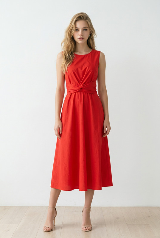Sandro Ferrone women’s red sleevless midi dress tie waist A-line cotton summer S