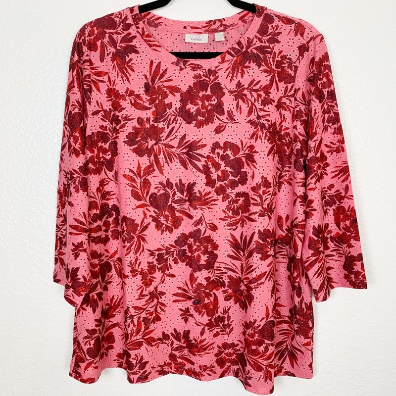 LOGO Layers Lori Goldstein Eyelet Top Pink Floral Womens Large CottageCore