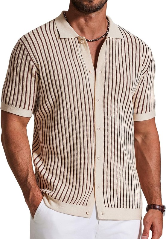 Mens Knit Polo Shirt Short Sleeve Button Down Vintage Striped Breathable Casual