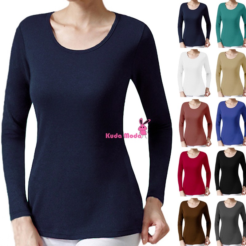Soft Ultra Stretch Seamless Round Crew Neck Long Sleeve U TEE T Shirt Solid TOP