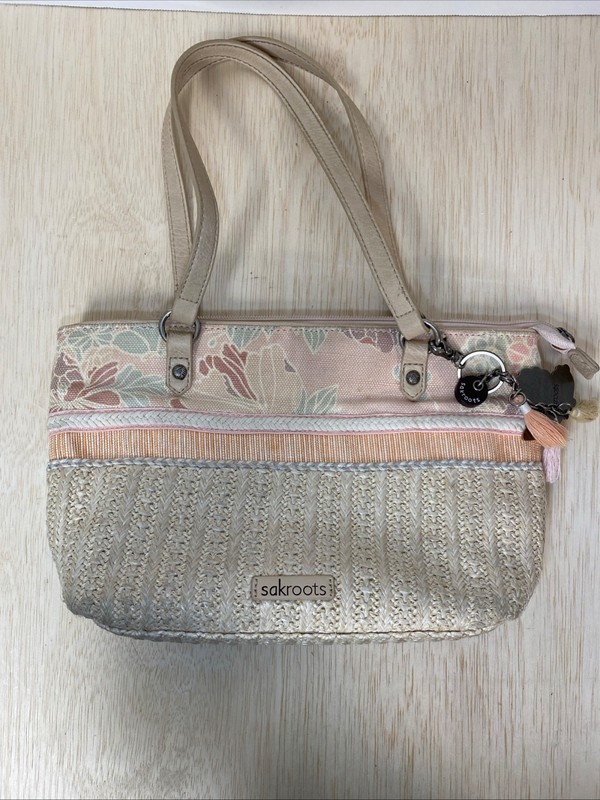 Sakroots Mixed Materials Straw Floral Fabric Purse Two Handles With Charm