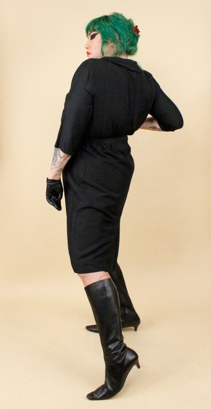 1950s Vtg Black Plus Size Volup Collared Sailor Button Dress Goth Pin Up 1X B48" gallery