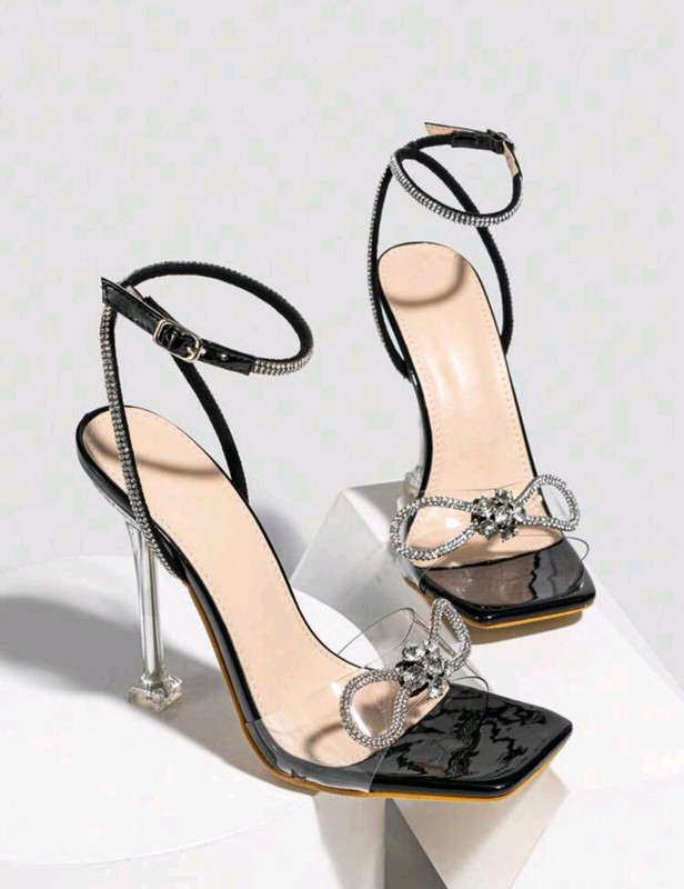 Black Stiletto Transparent Rhinestone Ankle Strap Peep Toe High Heels US7/CN38 gallery