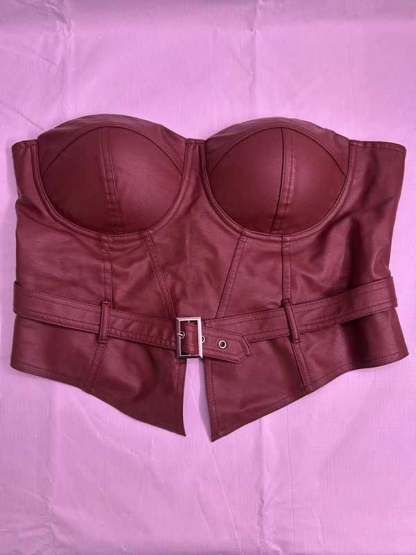 Say What? – XL Brown Faux Leather Corset Crop Top with Belt Detail – RN: 94522