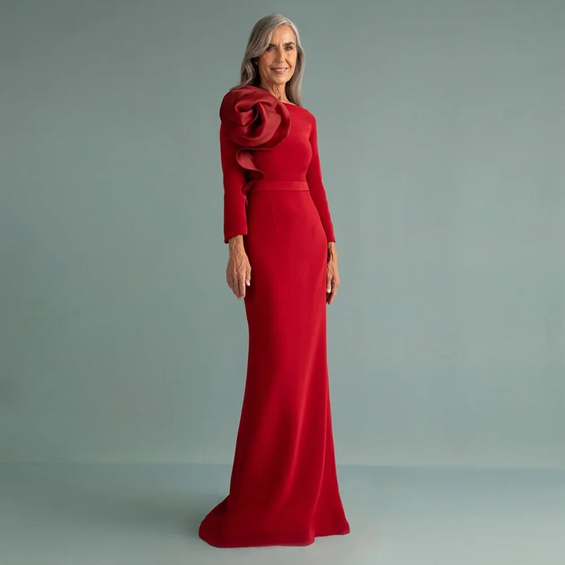 Red Mother of The Bride Dresses 3/4 Sleeve Big Flowers Zipper Back Party Gowns