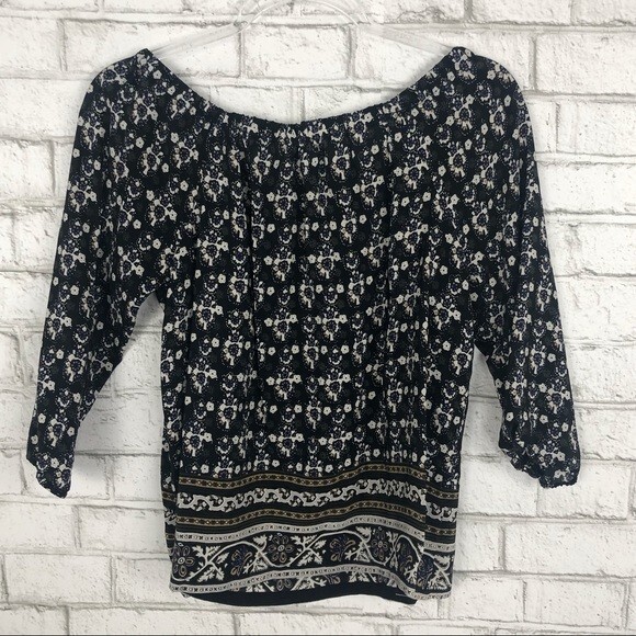MADEWELL Top Silk Off the Shoulder 70s Floral Print Blouse Shirt 3/4 Sleeve XS gallery