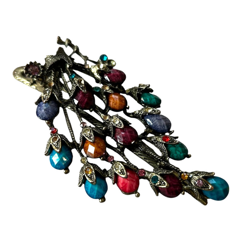 Vintage Peacock Hair Barrette Multicolor Crystal Rhinestone Gold Tone Clip