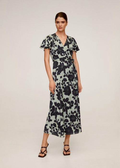 Mango NWT Black/ Green Embossed Floral Print V-Neck Midi Dress Size 6