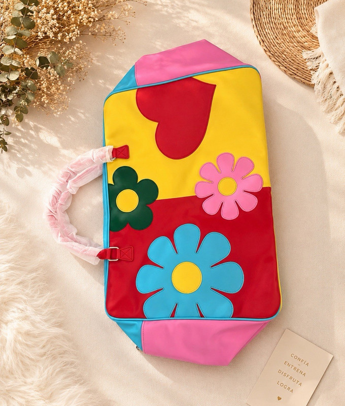Large Unisex Kids Backpack Multicolor Colorblock Faux Leather Flower Heart Zip