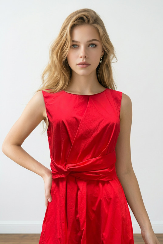 Sandro Ferrone women's red sleevless midi dress tie waist A-line cotton summer S gallery