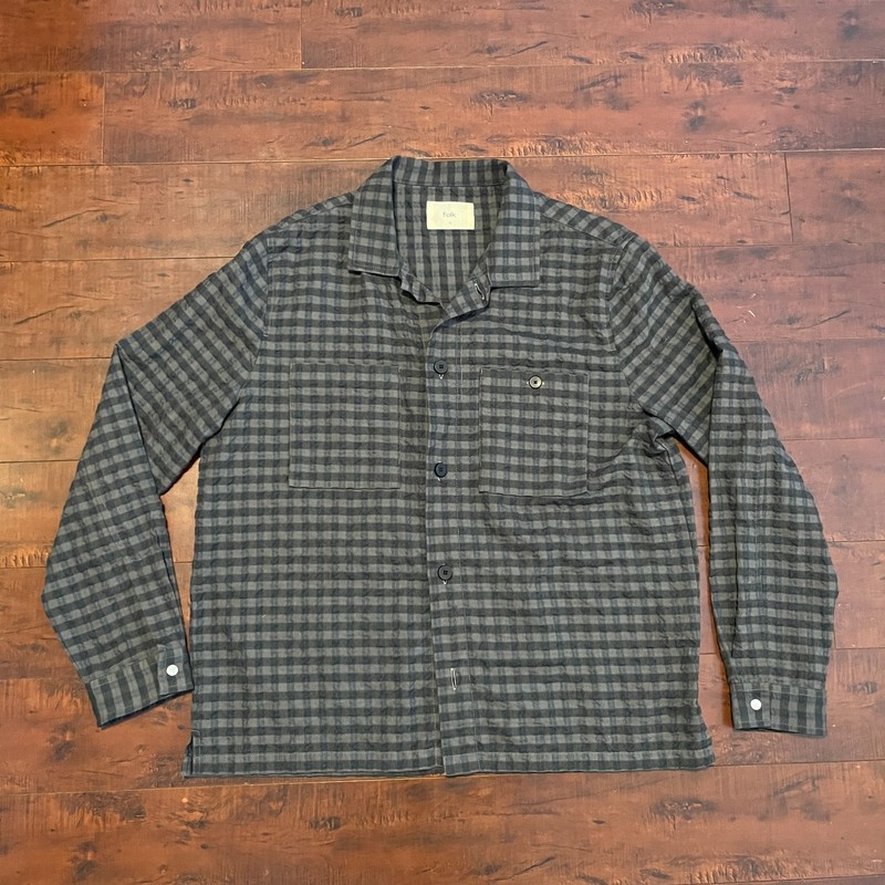 Folk Patch Checked Seersucker Overshirt Navy Grey Black Mens Mediu,