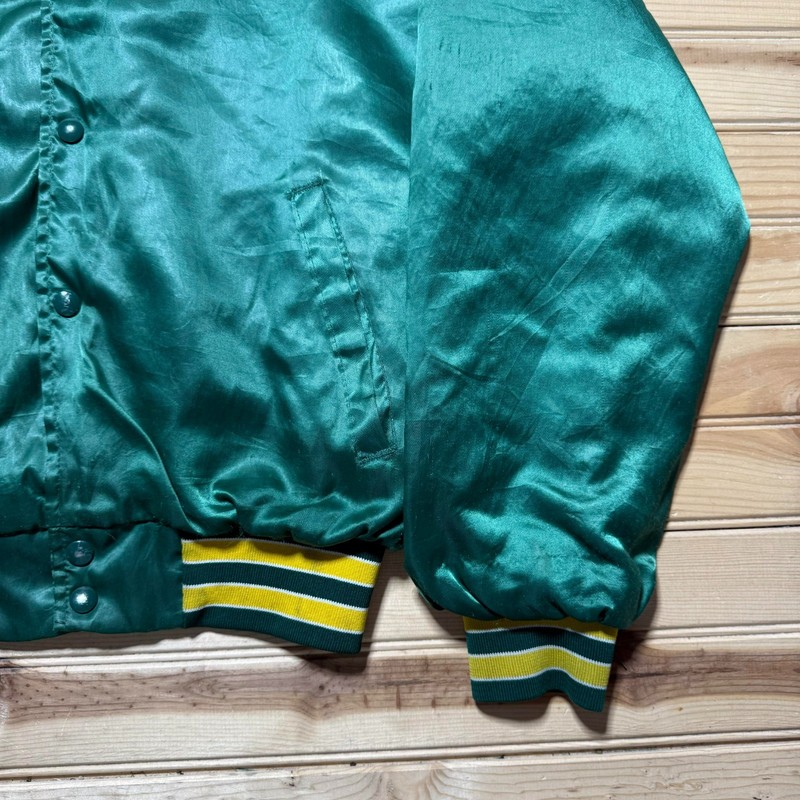 Vintage 80s 90s Athletics Script Logo Button Front Satin Bomber Jacket USA Large gallery