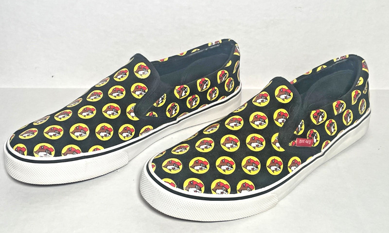 Buc-ee’s Vans Style Slip On Shoes Size 12M Black Canvas Beaver Logo NWOB
