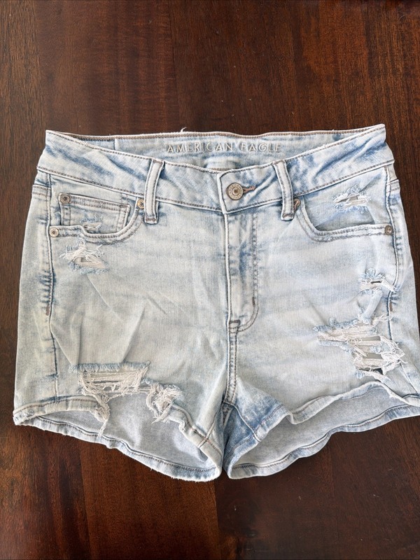 American Eagle Next Level Stretch Midi Distressed Light Blue Jean Shorts Size 4