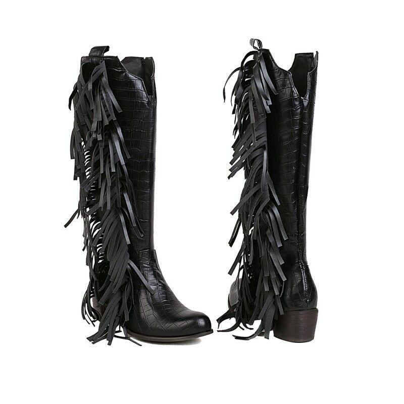 Women’s Fashion Western Cowgirl Fringe Tassels Vintage High Boots Nightclub Date