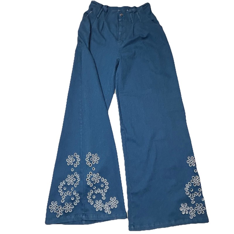 Women’s Blue Wide Leg Embroidered Eyelet Jeans Size Small High Rise Boho