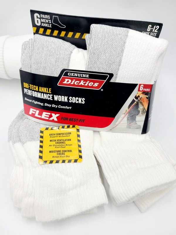 Dickies Men's Dri-tech Moisture Control Ankle Socks 6 Pairs Size 6-12 White/Gray gallery