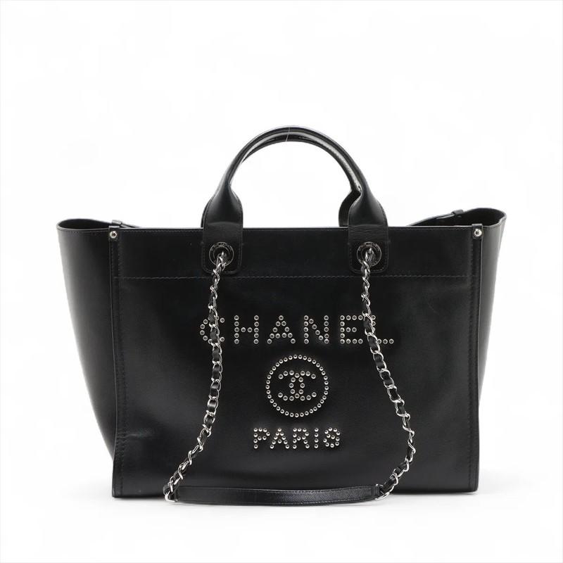 Chanel Deauville GM leather x studs 2 Way Tote Bag Black Silver Metal Fittings 2
