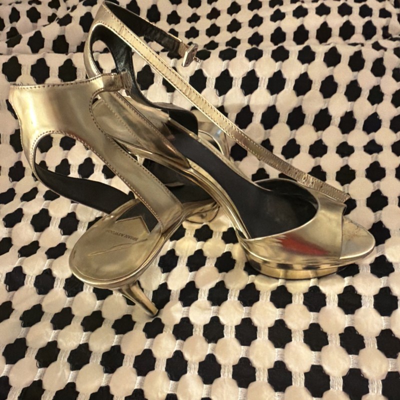 Brian Atwood Gold Metallic Platform Stiletto Ankle Strap Shoes 9.5