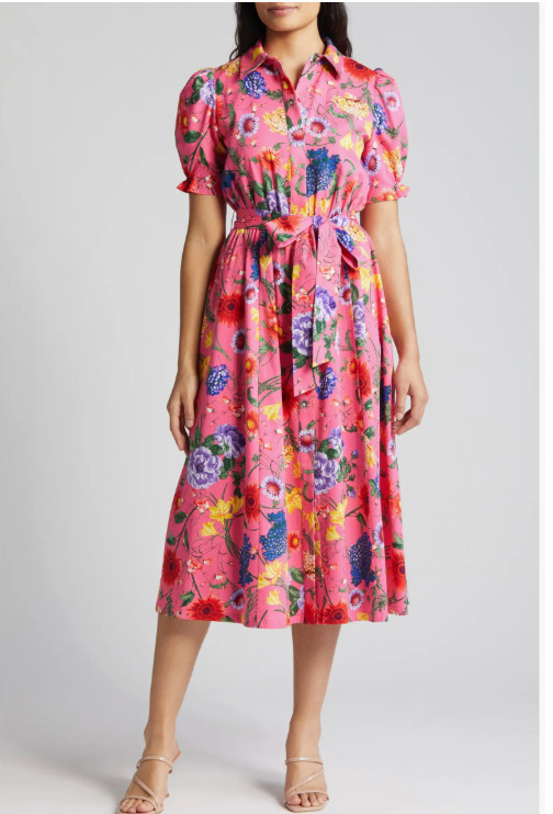 Pink/Multi-Color Anne Klein Womens Puff Sleeve Shirt Dress, Size 12