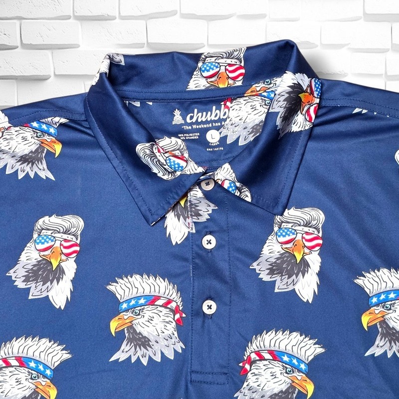 Chubbies Performance Golf Polo Mens Large Navy The Bird Eye Blind Eagles USA EUC
