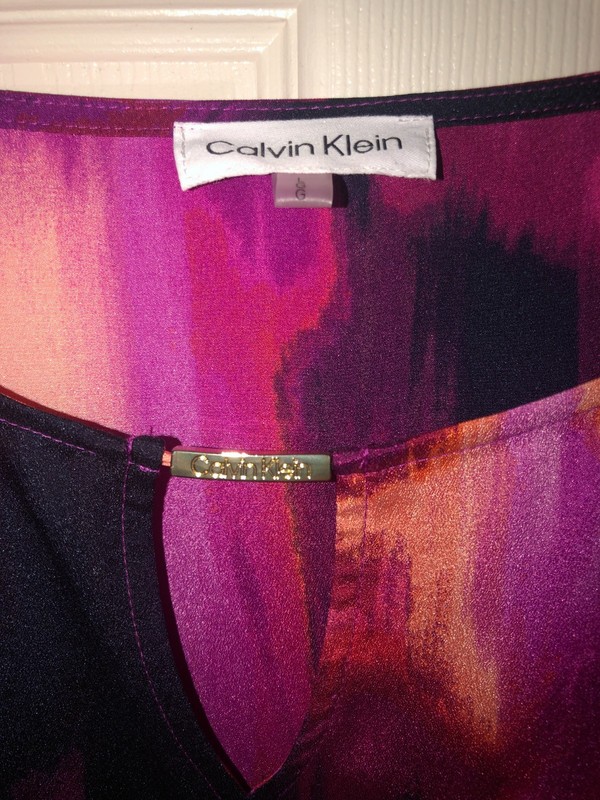 Calvin Klein Blouse, Large, New, Polyester, Gold Accents, Extra Button Included